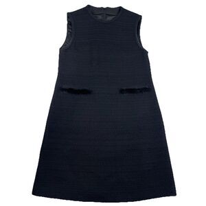Women’s Tweed Rope Trim Sleeveless Shift Dress Faux Fur Pocket Trim Black-L
